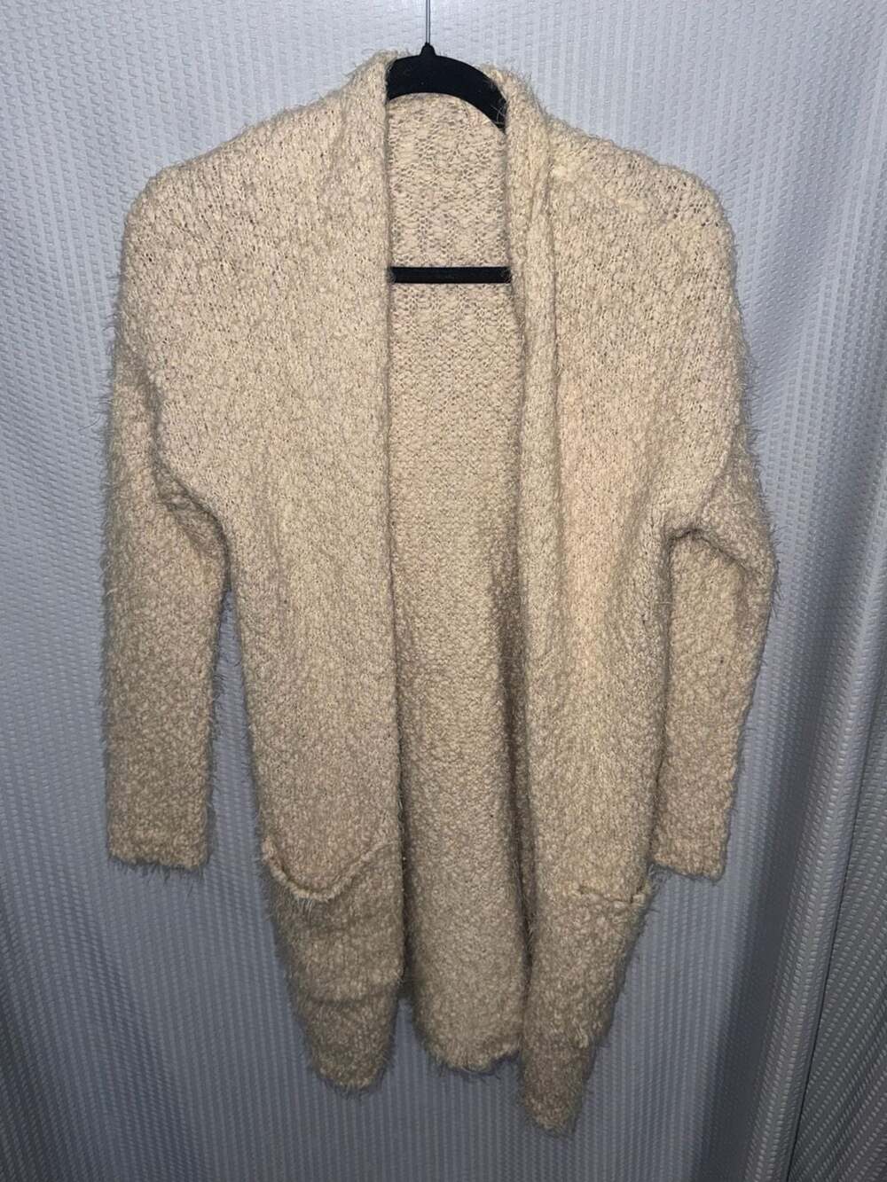 Altar'd State Cream Fuzzy Open-Front Long Cardigan Sweater with Pockets